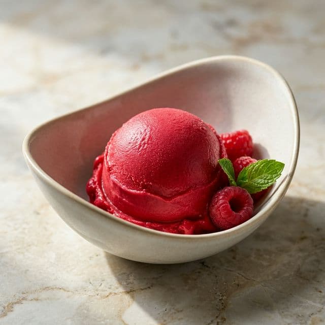 Une boule de glace à la framboise artisanale par Walter Glacier, couleur rubis intense et texture sans pépins, présentée avec des feuilles de menthe.