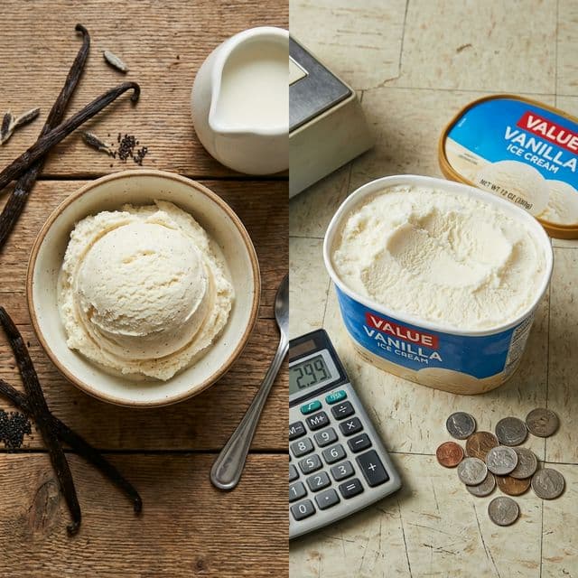 Comparatif entre une glace artisanale vanille dans une coupe élégante et un bac en plastique de glace industrielle avec une calculette pour illustrer le coût
