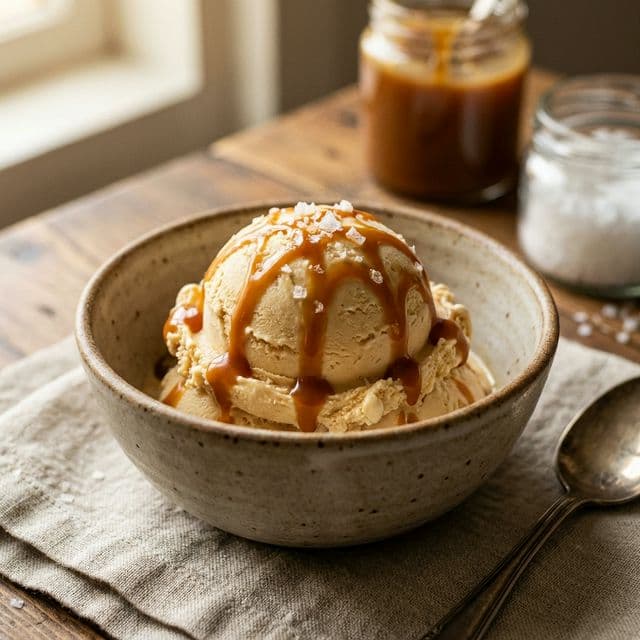 Glace au caramel beurre salé onctueuse dans un bol avec coulis