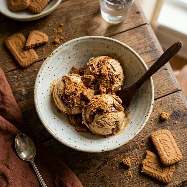 Glace spéculoos maison avec morceaux de biscuits et swirl de pâte de spéculoos