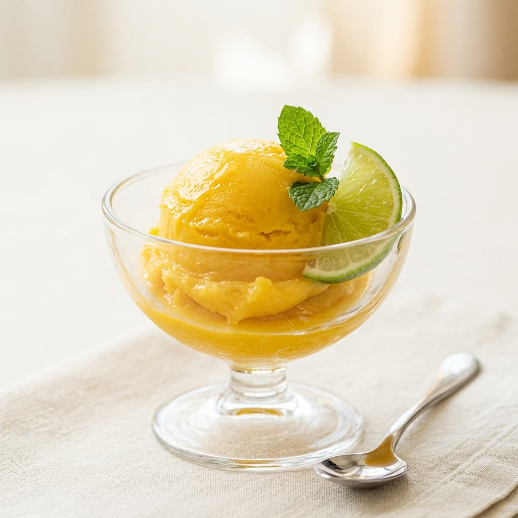 Sorbet mangue maison ultra crémeux servi dans une coupe en verre avec une tranche de citron vert